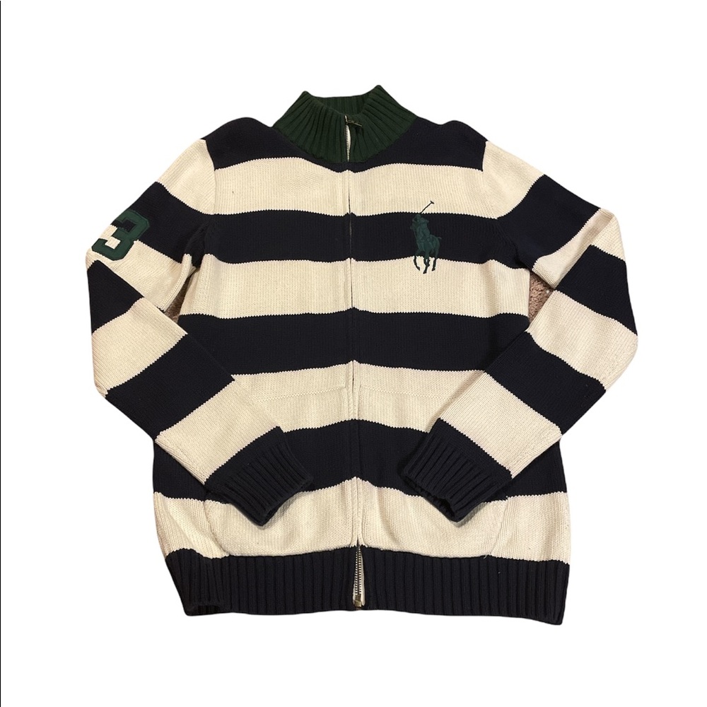 Polo Ralph Lauren Blue and White Stripe Full Zip Sweater Big Pony Size XL